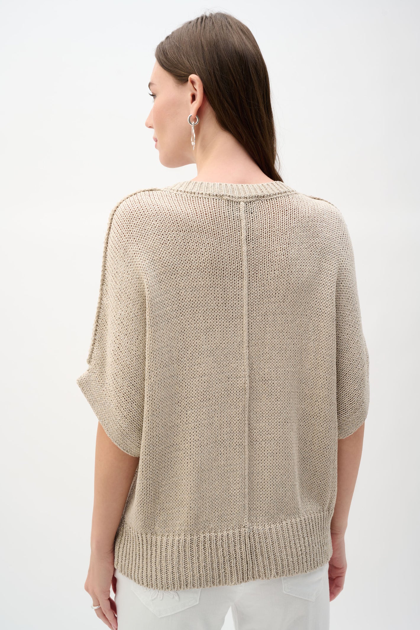 Back view of model wearing Joseph Ribkoff 262925 Viscose & Lurex Relaxed Knit Top Moonstone by Joseph Ribkoff shop Dotique