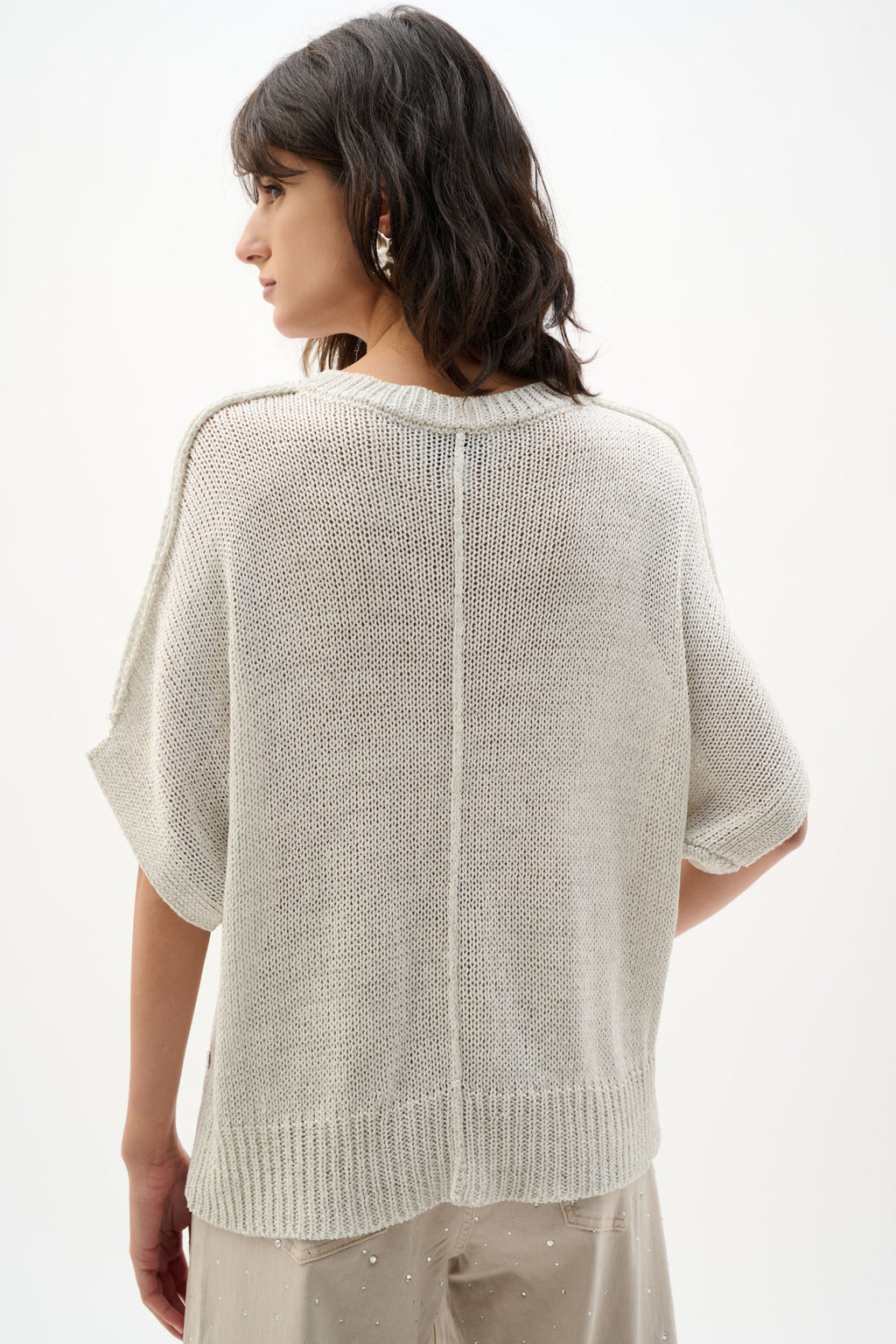 Back view of model wearing Joseph Ribkoff 262925 Viscose & Lurex Relaxed Knit Top Vanilla by Joseph Ribkoff shop Dotique