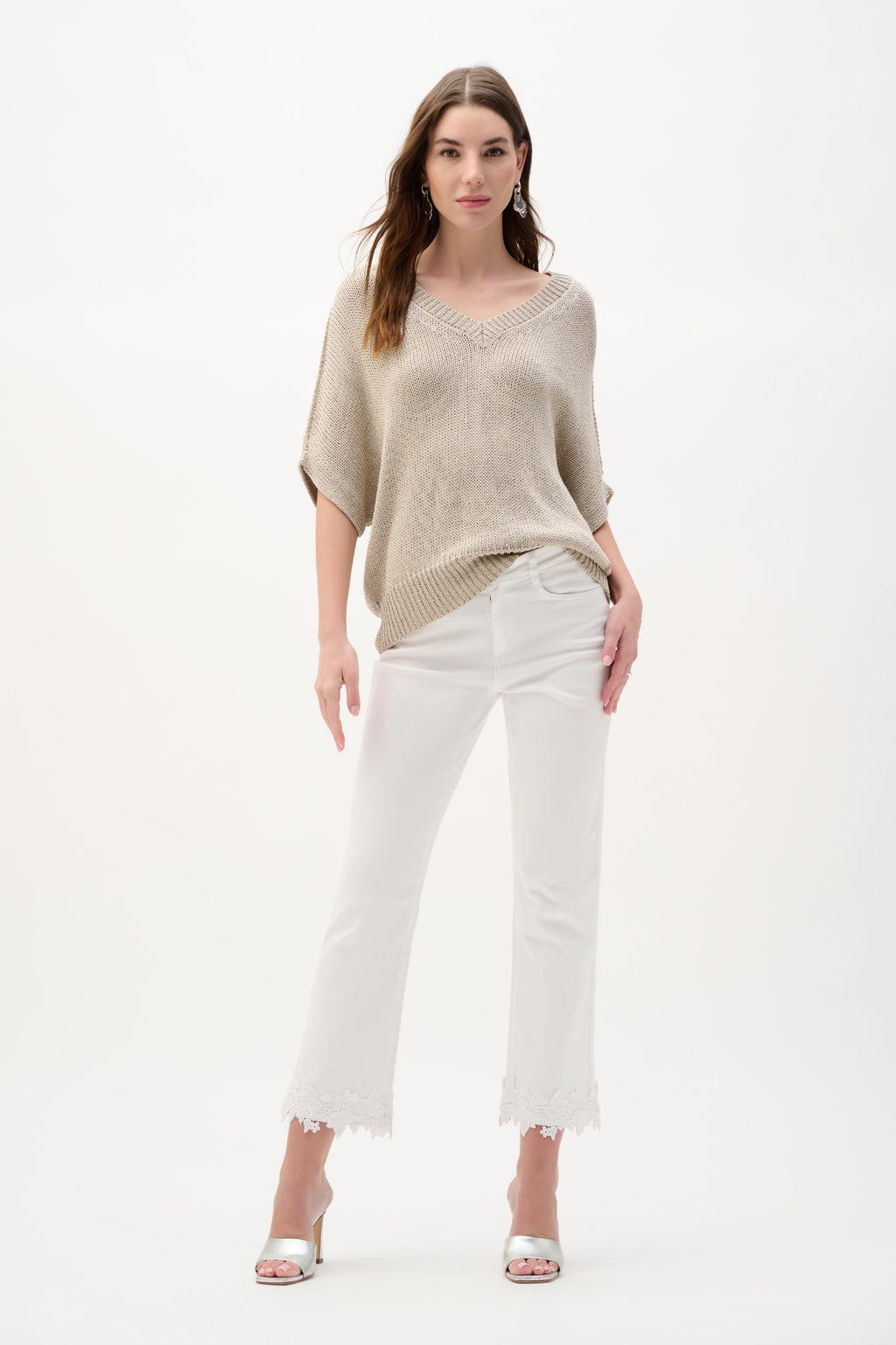 Model wearing Joseph Ribkoff 262925 Viscose & Lurex Relaxed Knit Top Moonstone by Joseph Ribkoff shop Dotique