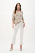 Model wearing Joseph Ribkoff 262925 Viscose & Lurex Relaxed Knit Top Moonstone by Joseph Ribkoff shop Dotique