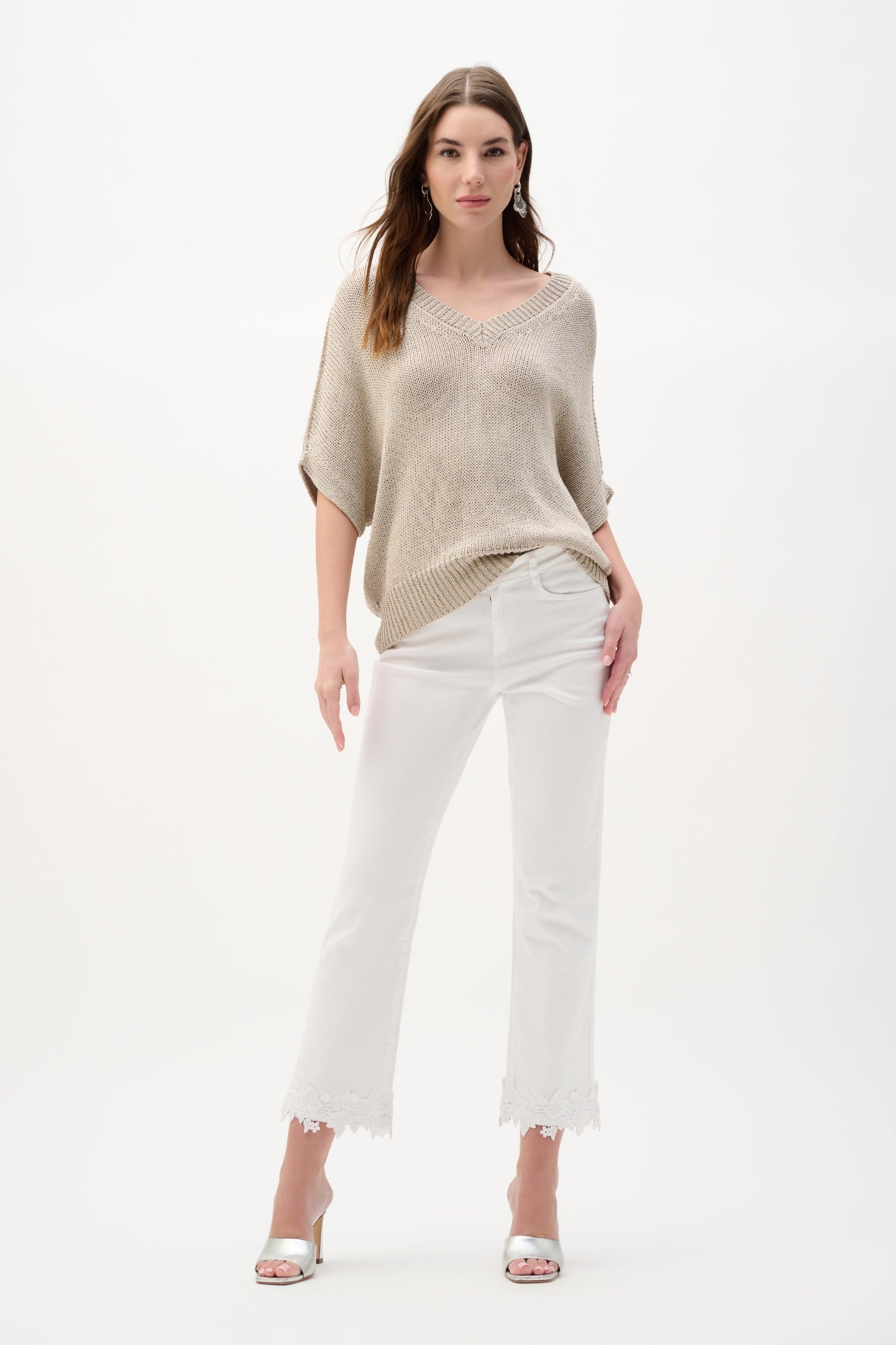 Model wearing Joseph Ribkoff 262925 Viscose & Lurex Relaxed Knit Top Moonstone by Joseph Ribkoff shop Dotique