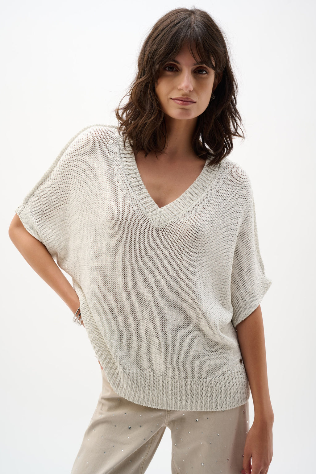 Model wearing Joseph Ribkoff 262925 Viscose & Lurex Relaxed Knit Top Vanilla by Joseph Ribkoff, shop Joseph Ribkoff at Dotique