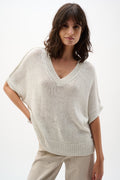 Model wearing Joseph Ribkoff 262925 Viscose & Lurex Relaxed Knit Top Vanilla by Joseph Ribkoff, shop Joseph Ribkoff at Dotique