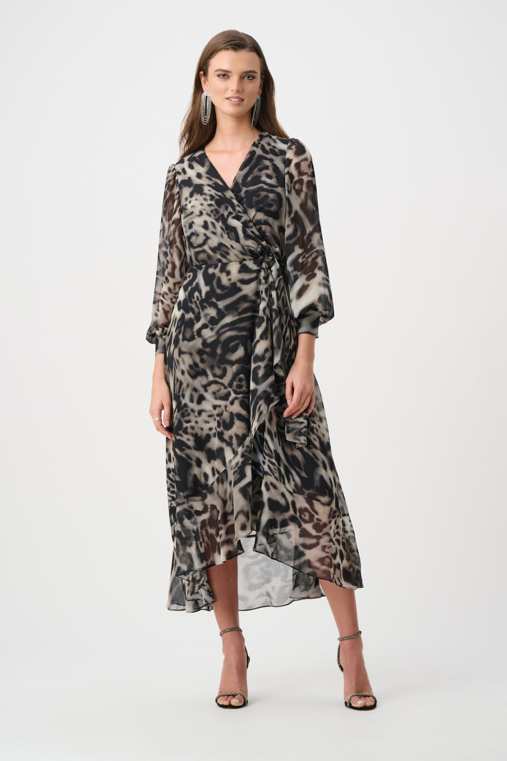 Joseph Ribkoff Signature 263739 | Chiffon Printed Fit and Flare Wrap Dress Grey/Multi. Shop at Dotique.