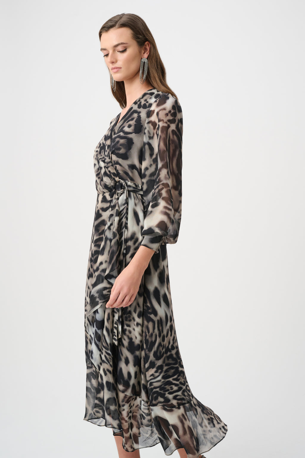 Joseph Ribkoff Signature 263739 | Chiffon Printed Fit and Flare Wrap Dress Grey/Multi. Shop at Dotique.