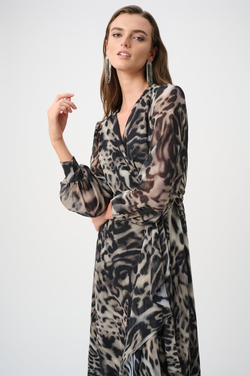 Joseph Ribkoff Signature 263739 | Chiffon Printed Fit and Flare Wrap Dress Grey/Multi. Shop at Dotique.