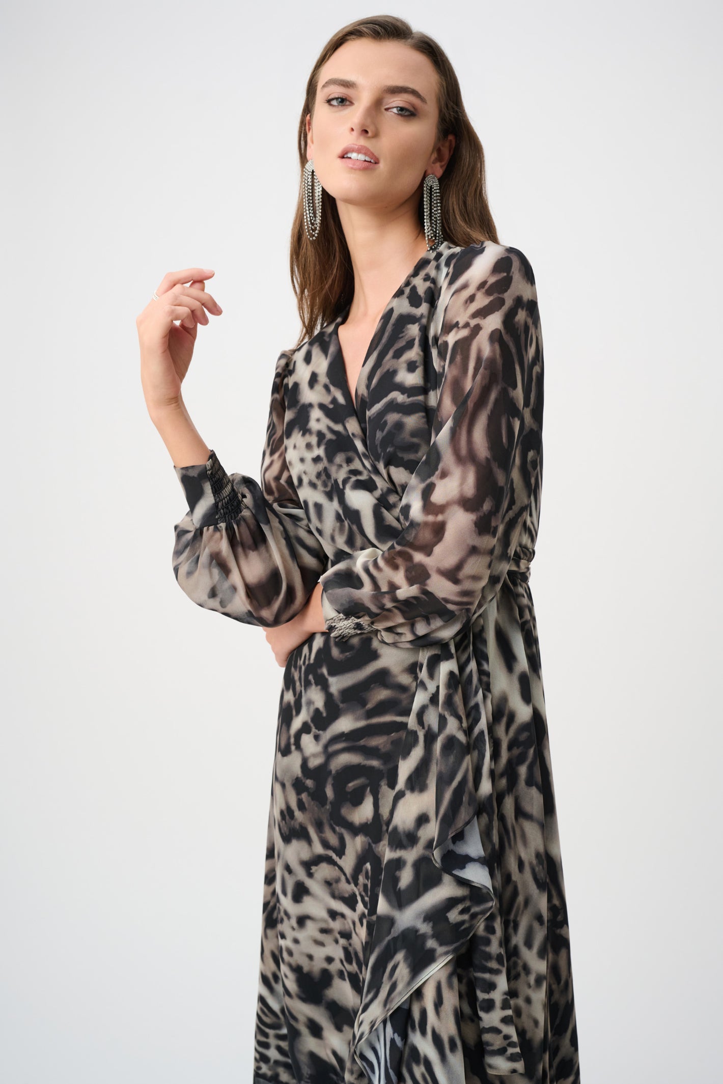 Joseph Ribkoff Signature 263739 | Chiffon Printed Fit and Flare Wrap Dress Grey/Multi. Shop at Dotique.