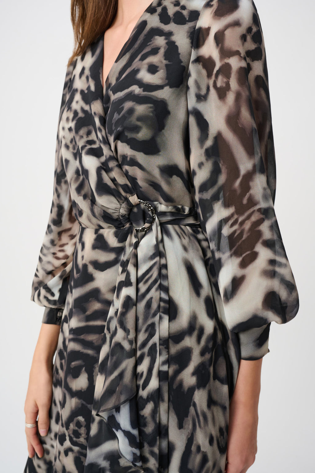 Joseph Ribkoff Signature 263739 | Chiffon Printed Fit and Flare Wrap Dress Grey/Multi. Shop at Dotique.