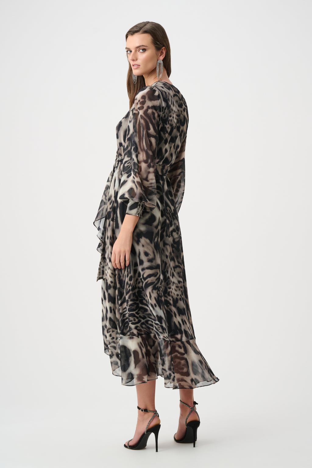 Joseph Ribkoff Signature 263739 | Chiffon Printed Fit and Flare Wrap Dress Grey/Multi. Shop at Dotique.