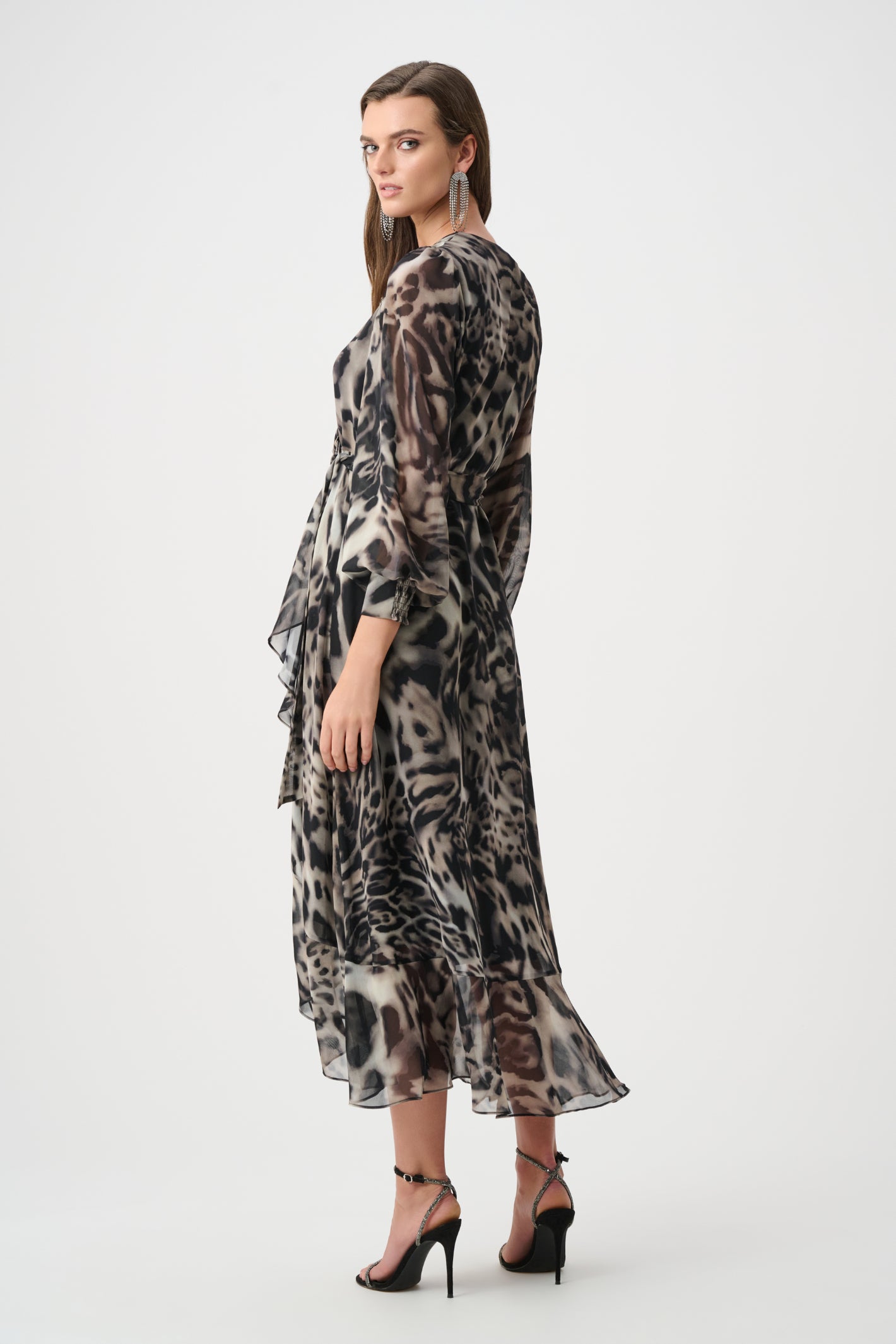 Joseph Ribkoff Signature 263739 | Chiffon Printed Fit and Flare Wrap Dress Grey/Multi. Shop at Dotique.