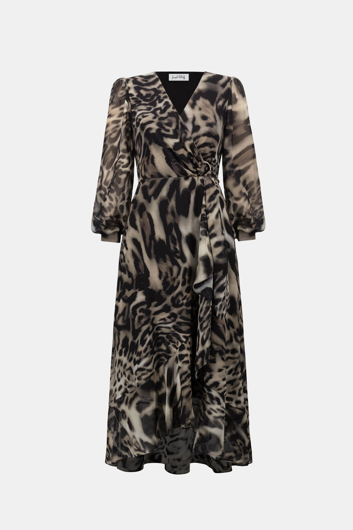 Joseph Ribkoff Signature 263739 | Chiffon Printed Fit and Flare Wrap Dress Grey/Multi. Shop at Dotique.