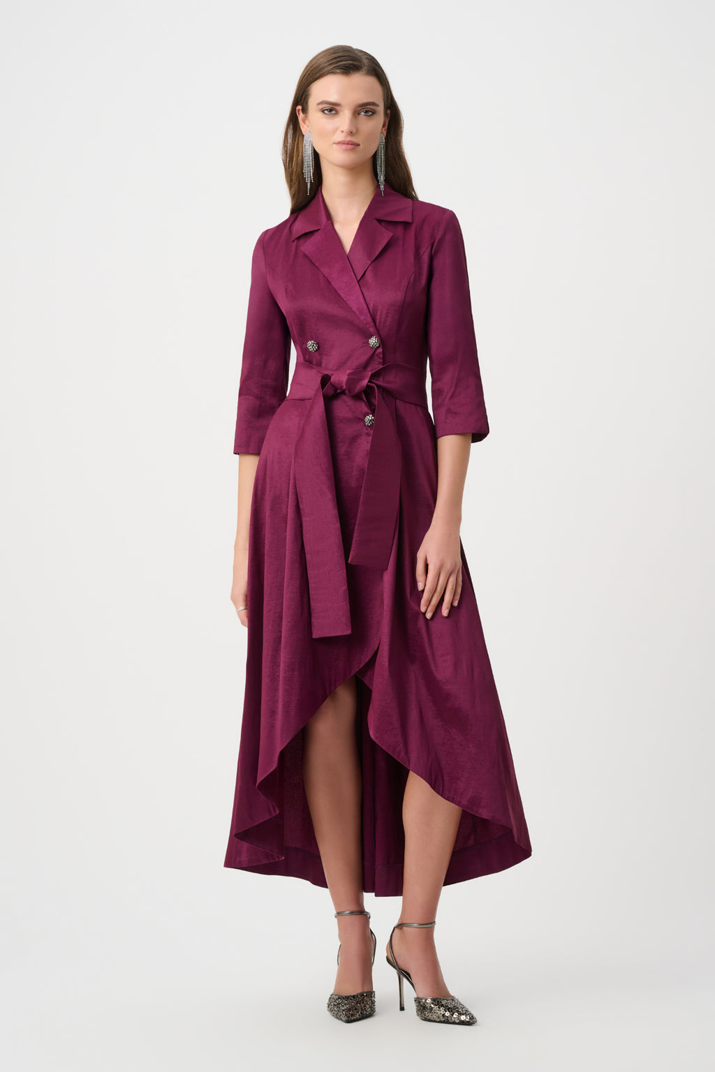 Joseph Ribkoff Berry Burst stretch taffeta wrap dress, fit and flare with high-low hem