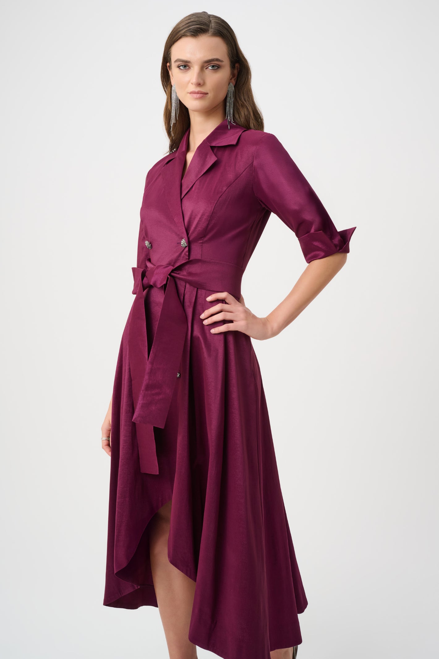  Joseph Ribkoff Berry Burst stretch taffeta wrap dress, fit and flare with high-low hem