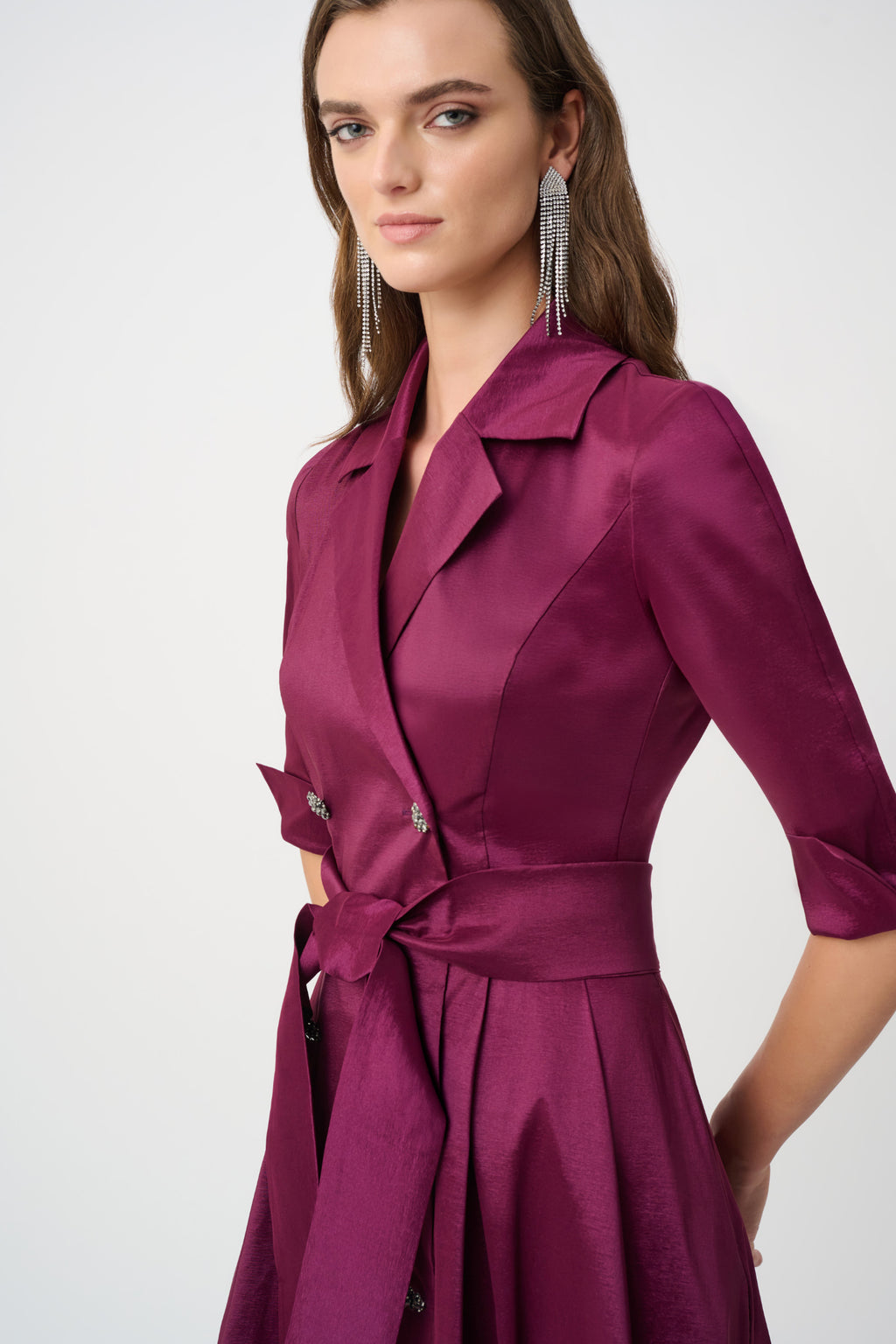 Joseph Ribkoff Berry Burst stretch taffeta wrap dress, fit and flare with high-low hem