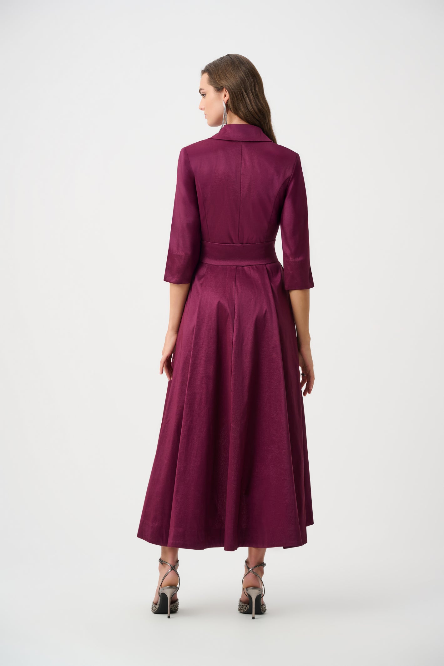 Joseph Ribkoff Berry Burst stretch taffeta wrap dress, fit and flare with high-low hem