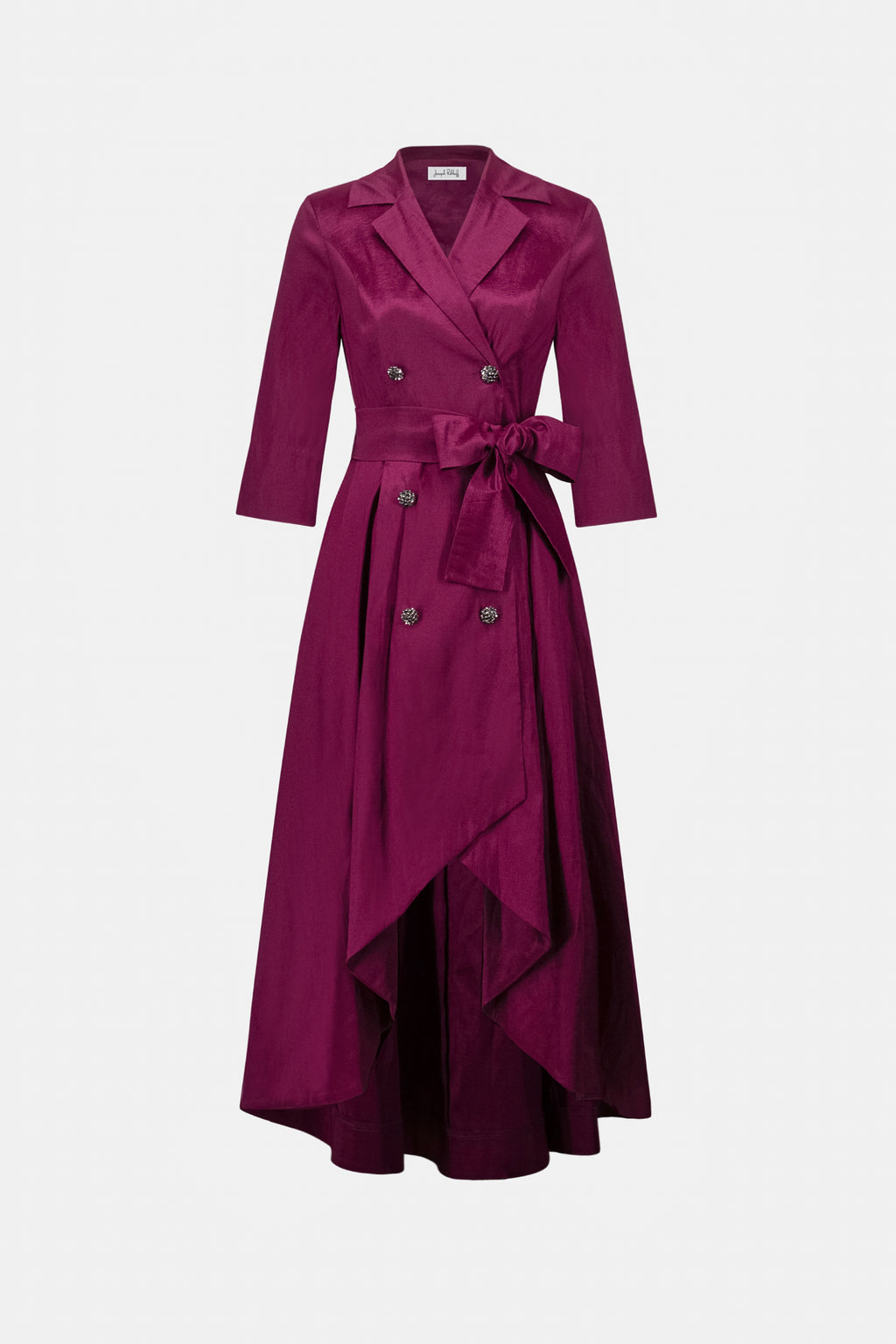Joseph Ribkoff Berry Burst stretch taffeta wrap dress, fit and flare with high-low hem