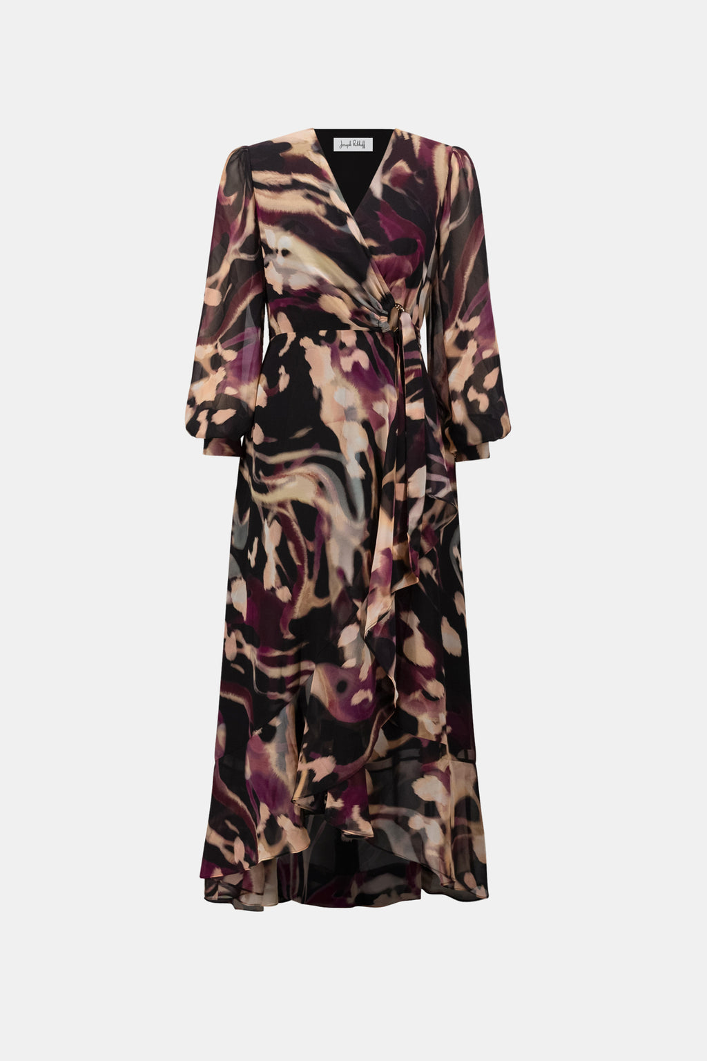 Abstract floral print midi dress with three-quarter sleeves and a flowing skirt