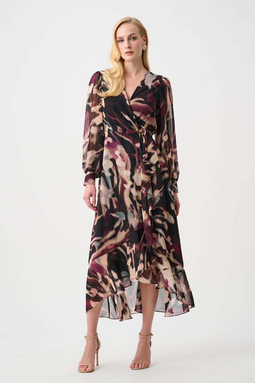 Joseph Ribkoff Signature 263739 | Chiffon Printed Fit and Flare Wrap Dress Purple/Multi Shop Joseph Ribkoff at Dotique