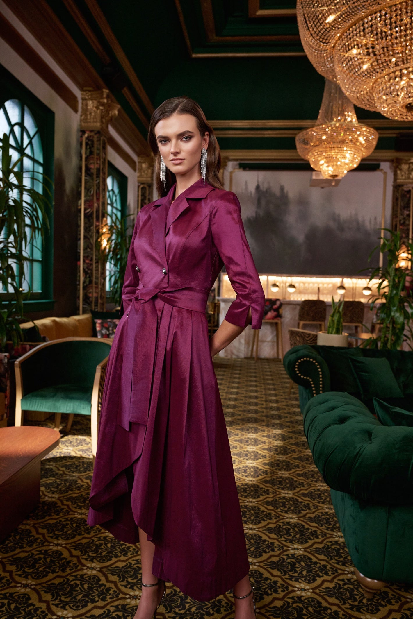 Joseph Ribkoff Berry Burst stretch taffeta wrap dress, fit and flare with high-low hem