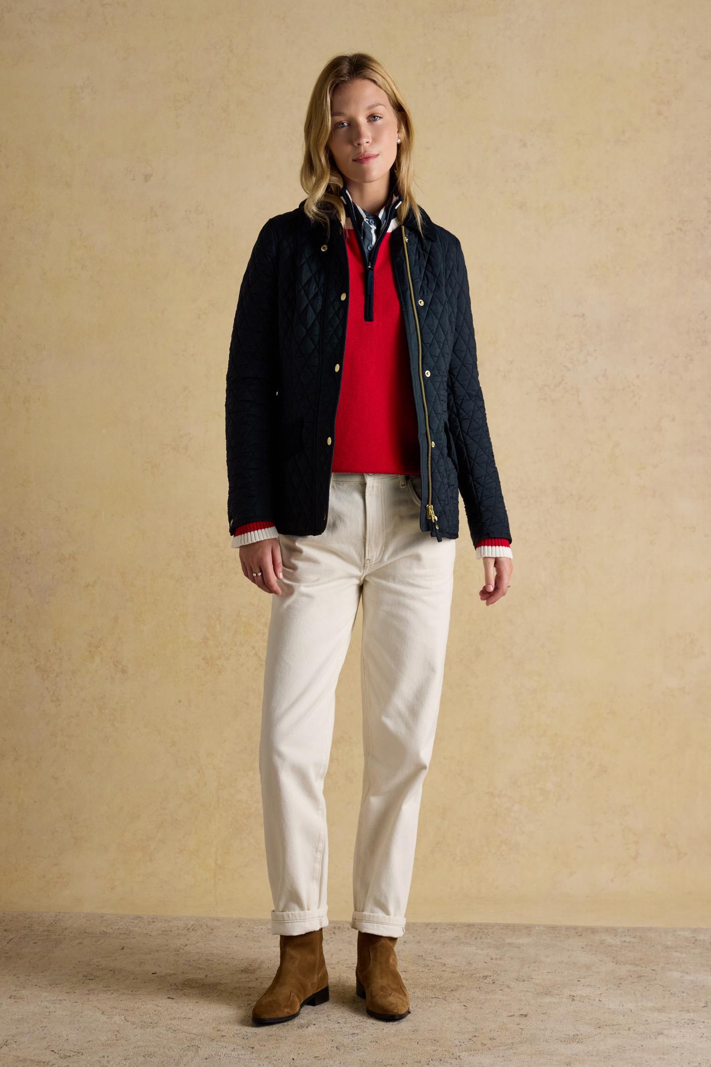 Elegant and practical, the Joules Highclere quilted jacket is designed to handle light showers while maintaining a smart, flattering silhouette. Shop Joules at Dotique.