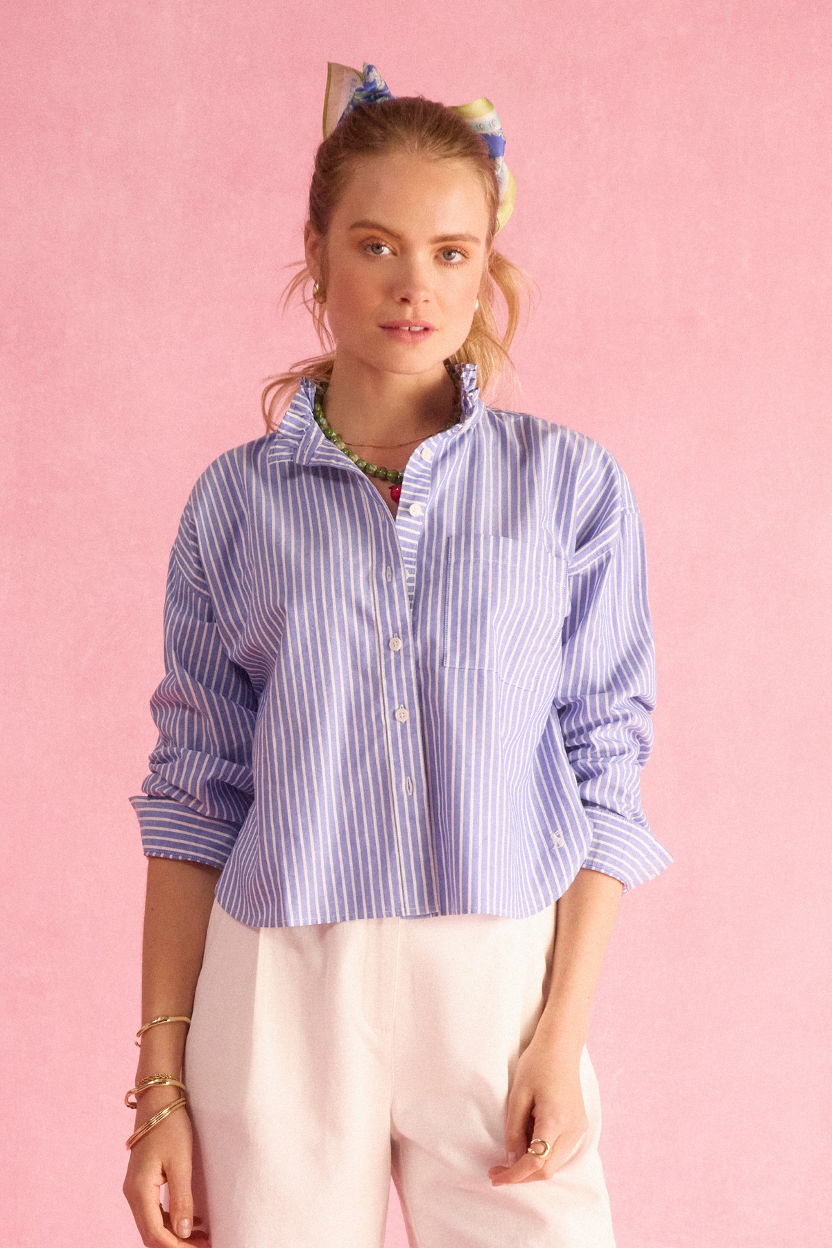 Joules Cropped Oxford Blue Shirt worn by model Shop Joules at Dotique