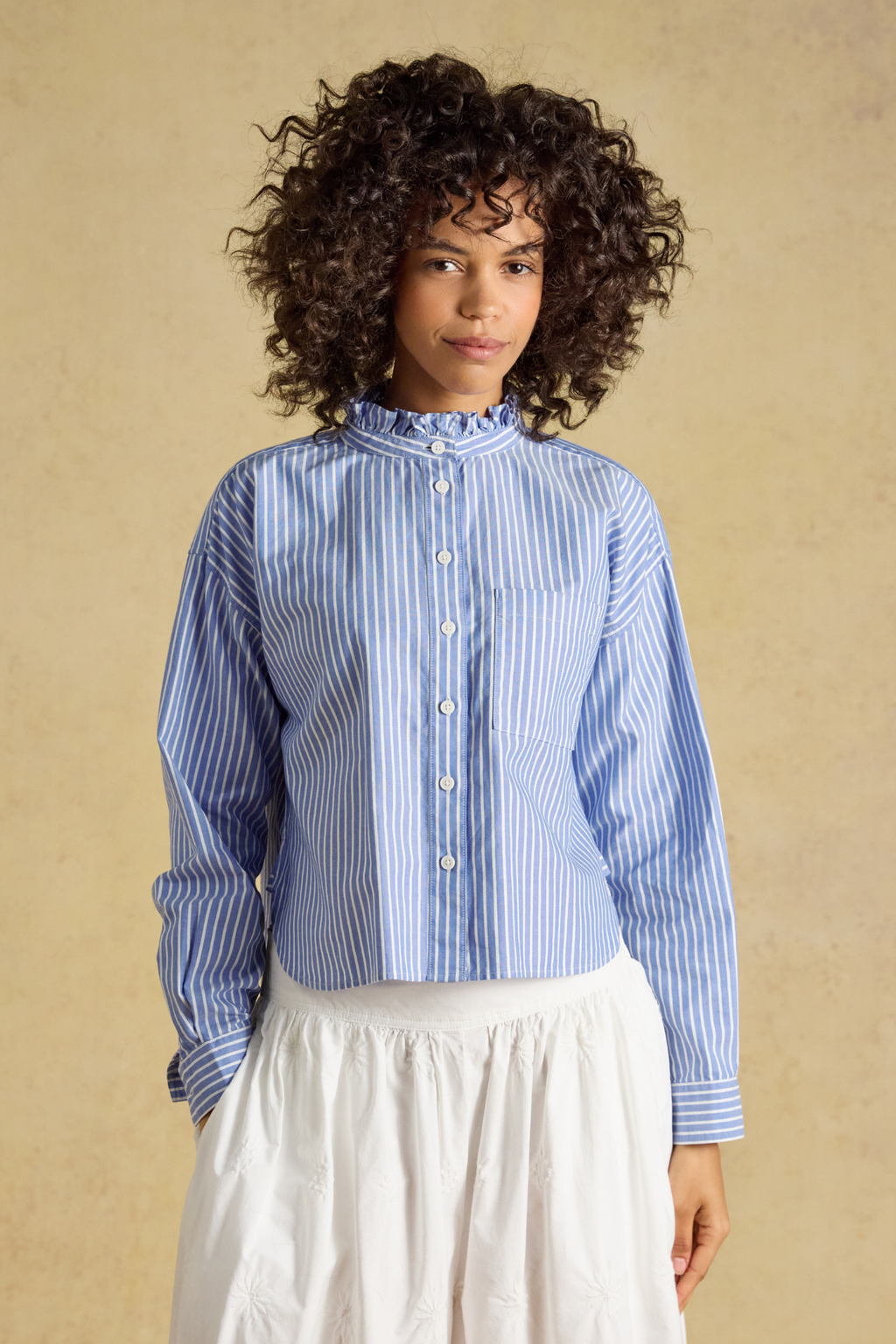 Model wearing Joules Cropped Oxford Blue Shirt Shop Joules at Dotique