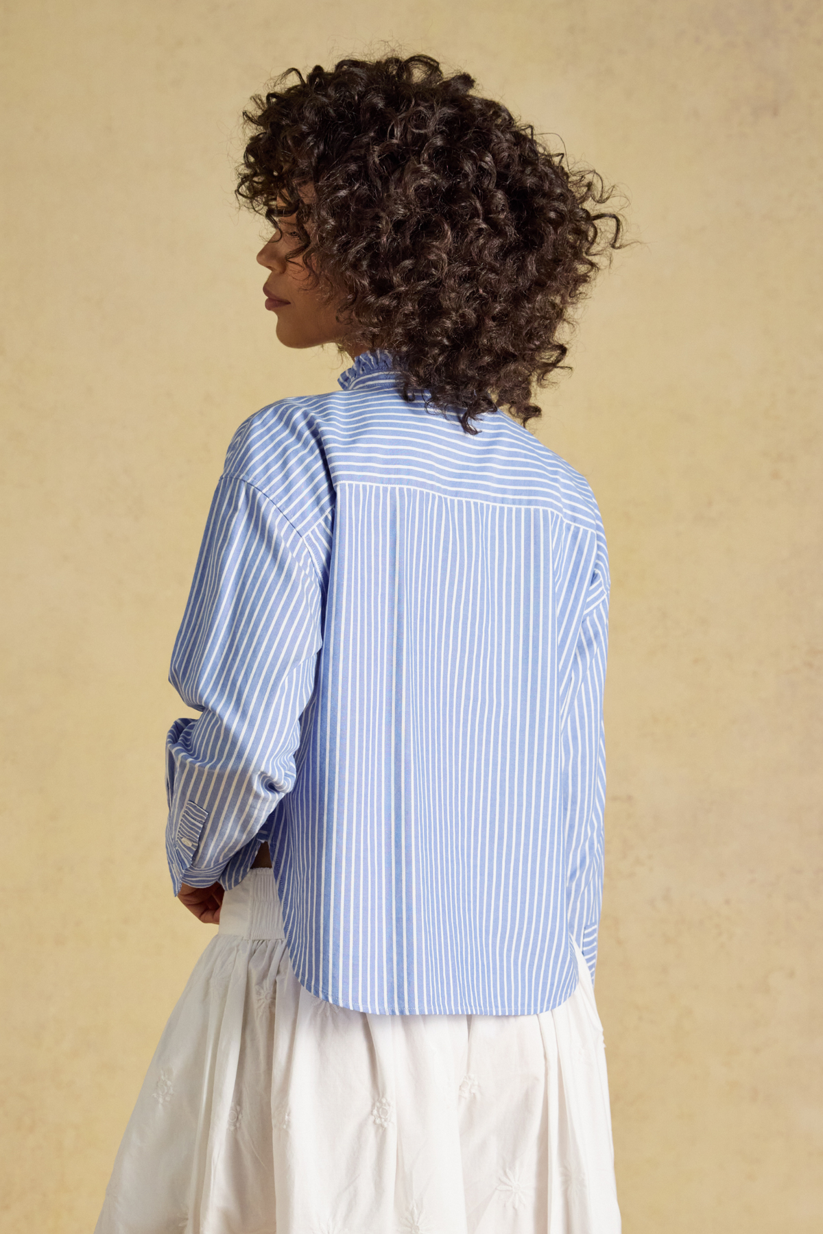 Joules Cropped Oxford Blue Shirt back view on model Shop Joules at Dotique