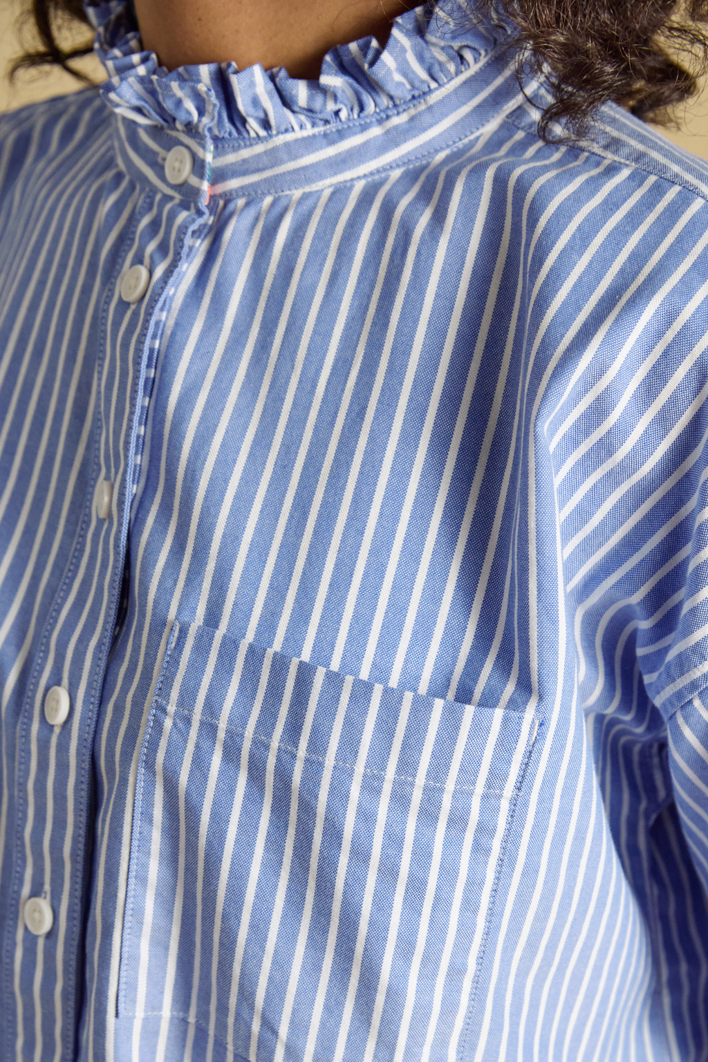 Joules Cropped Oxford Blue Shirt blue striped collar and pocket Shop Joules at Dotique