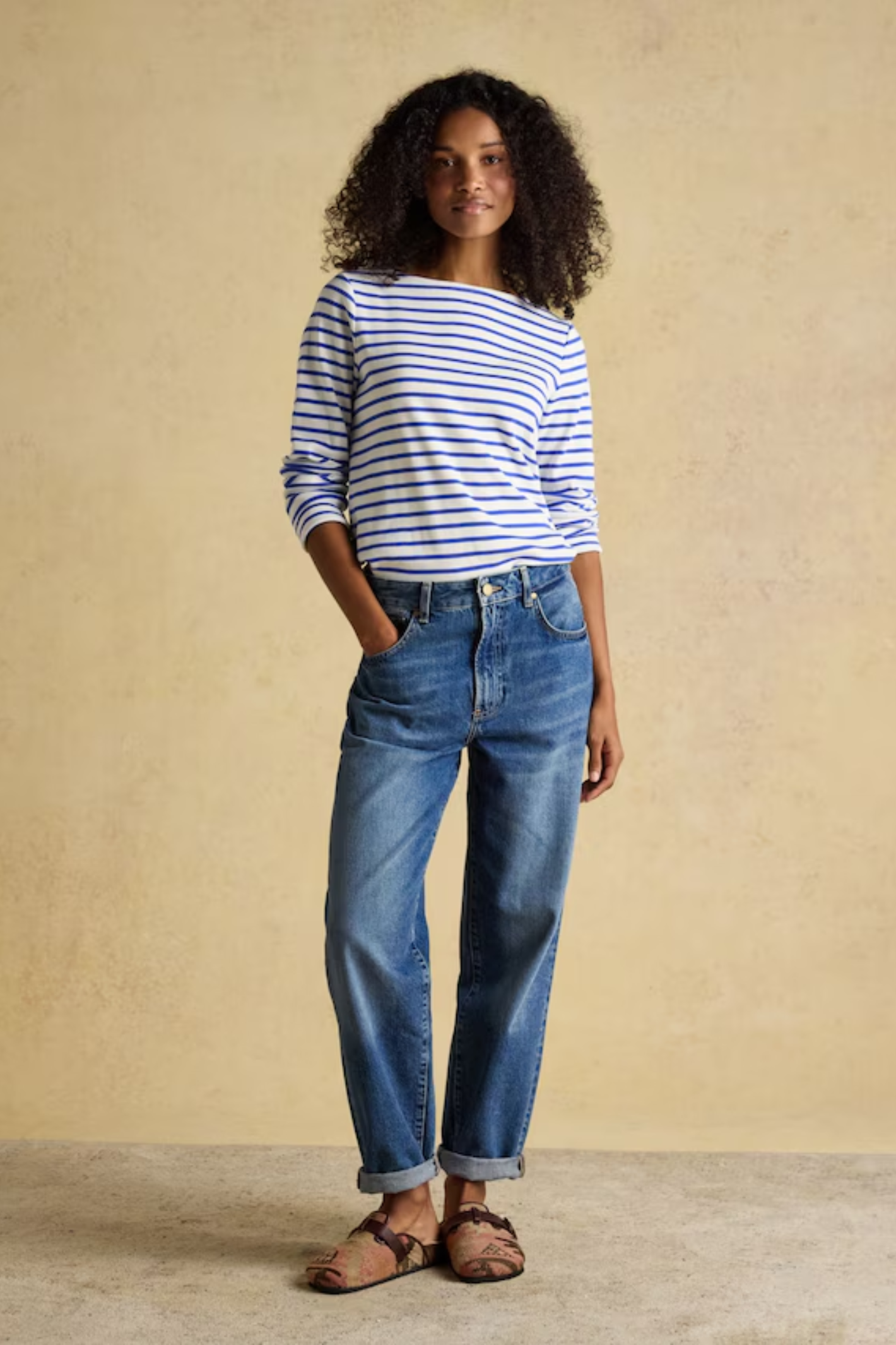 Shop the Joules Harbour blue and white stripe boat neck top — a heritage-inspired relaxed fit in soft cotton jersey, perfect for everyday styling with dresses, jeans or chinos.