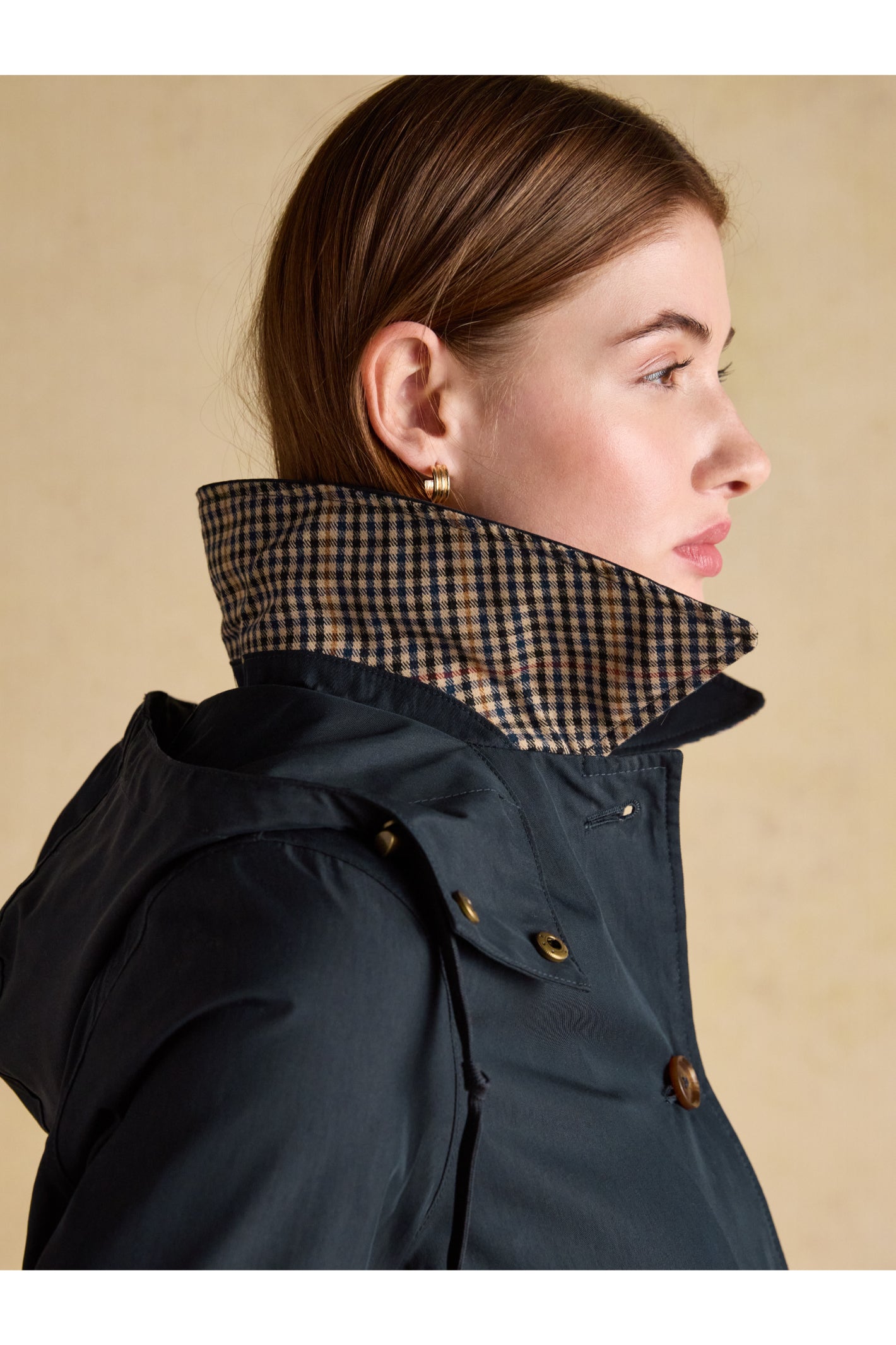 Side profile of woman wearing Joules H23721 Rainmore Waterproof Coat – Navy by Joules, shop Joules at Dotique
