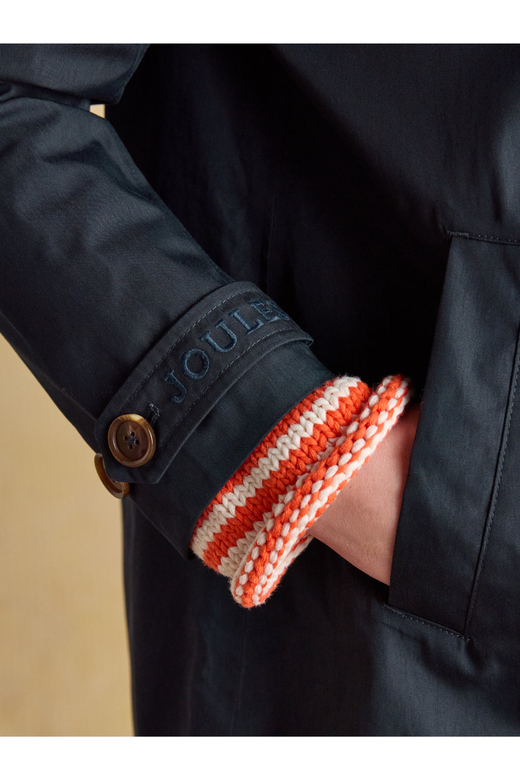 Close-up of a person wearing Joules H23721 Rainmore Waterproof Coat – Navy showing sleeve detail, shop Joules at Dotique.