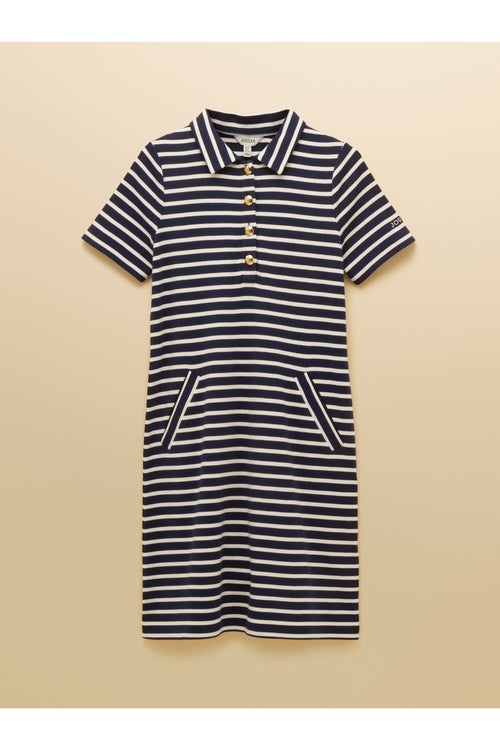 Joules H63471 Jane Collared Dress – Navy Stripe featuring navy and white horizontal stripes with button-up collar and short sleeves. Shop Joules at Dotique.