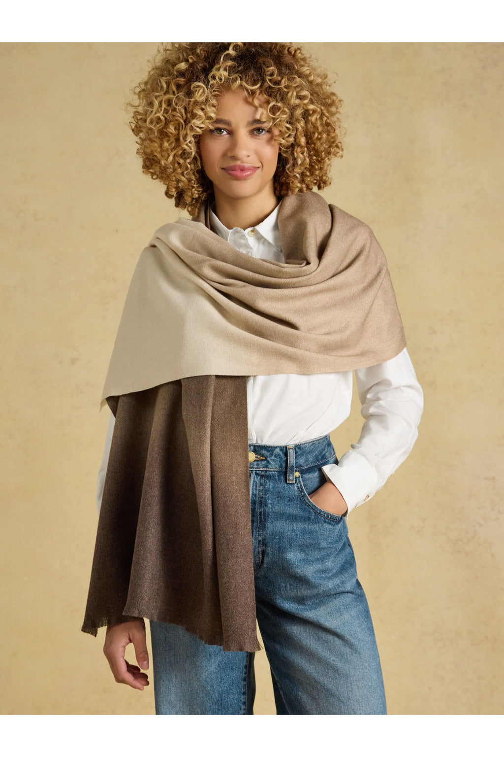 Joules Karina Brown Scarf styled on a model by Joules. Shop Joules at Dotique