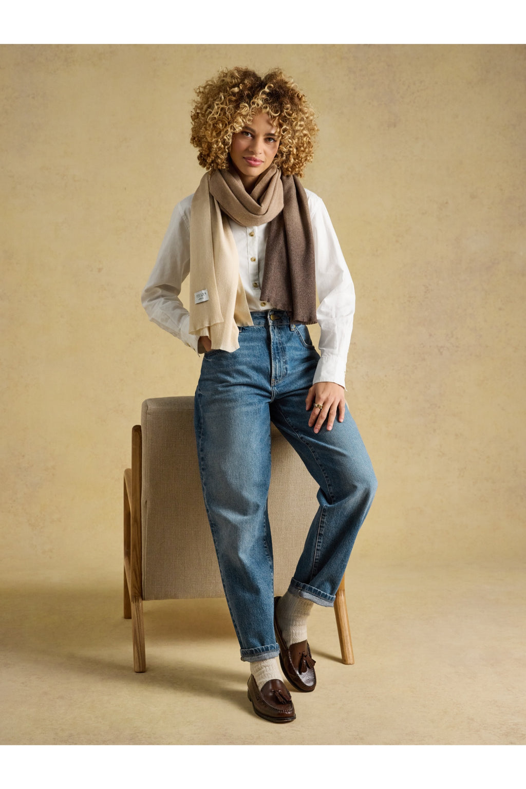 Joules Karina Brown Scarf worn by a model. Shop Joules at Dotique