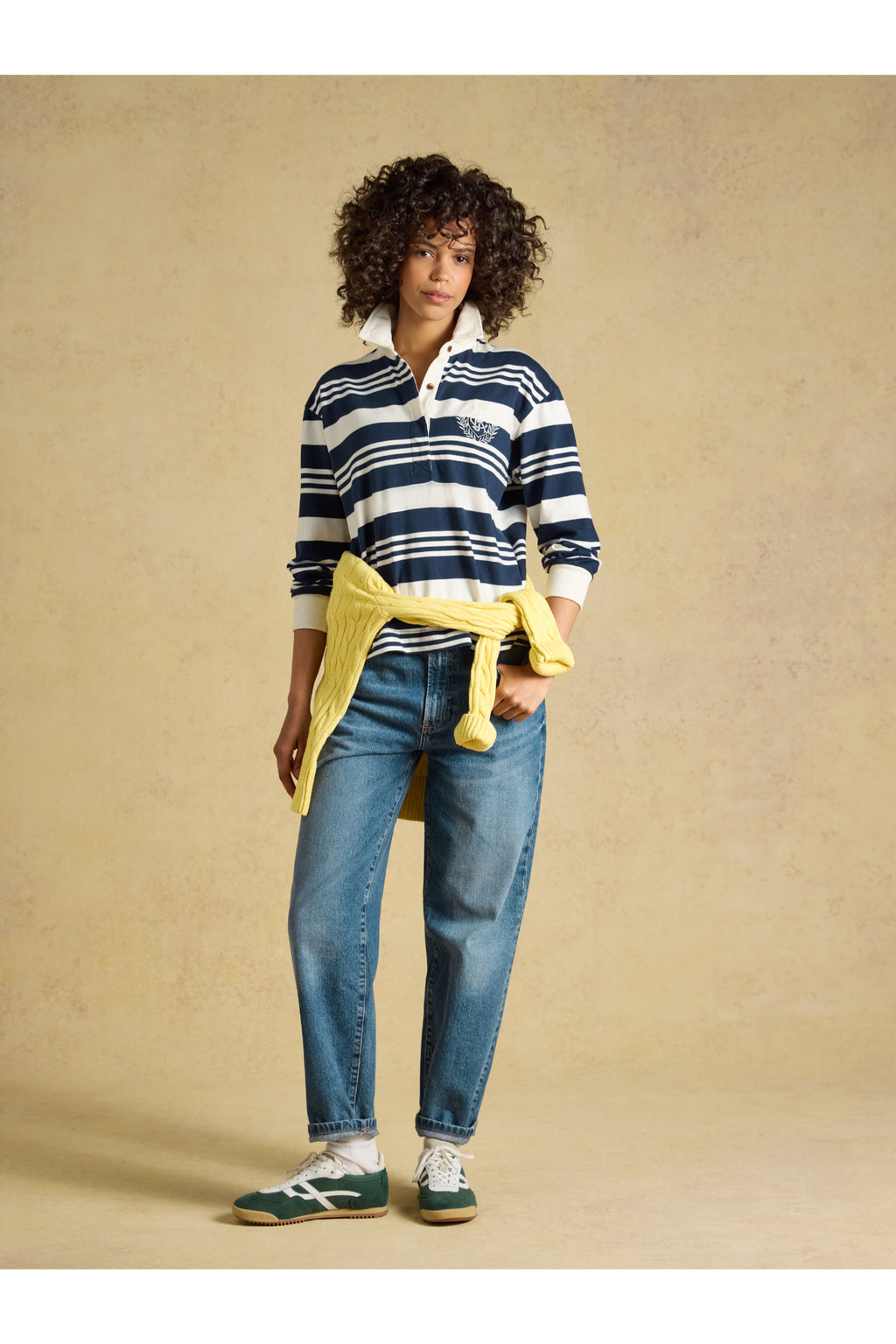 Joules Lara Navy/White Stripe Top worn with jeans. Joules. Shop Joules at Dotique