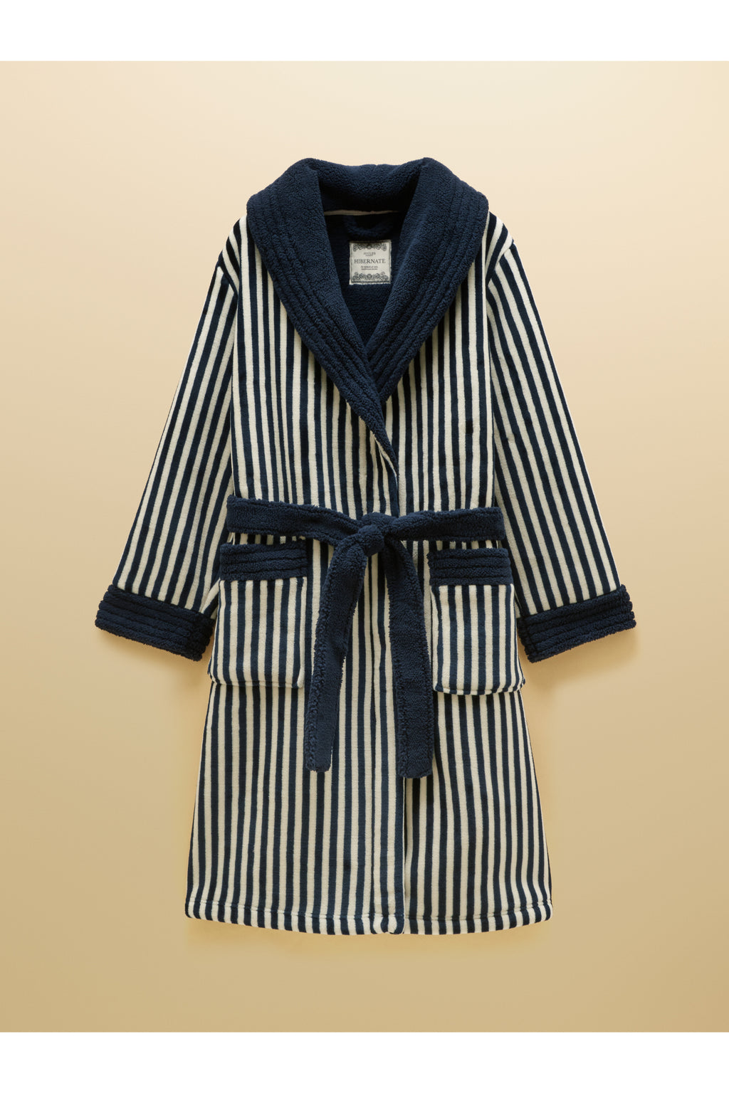 Joules Matilda Navy/Cream Stripe Robe with shawl collar and tie belt. Shop Joules at Dotique