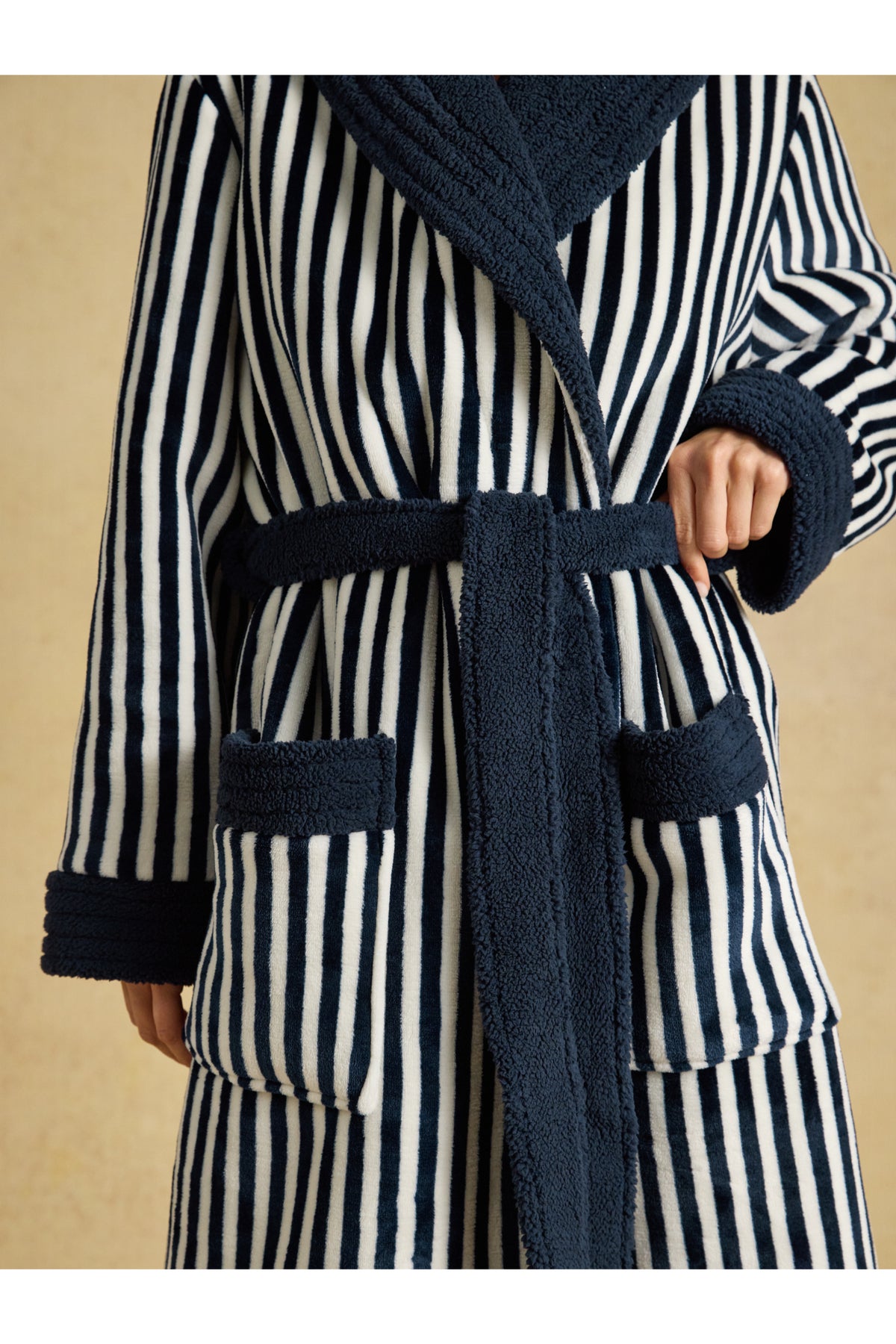 Joules Matilda Navy/Cream Stripe Robe close up with shawl collar tie belt and pockets Shop Joules at Dotique