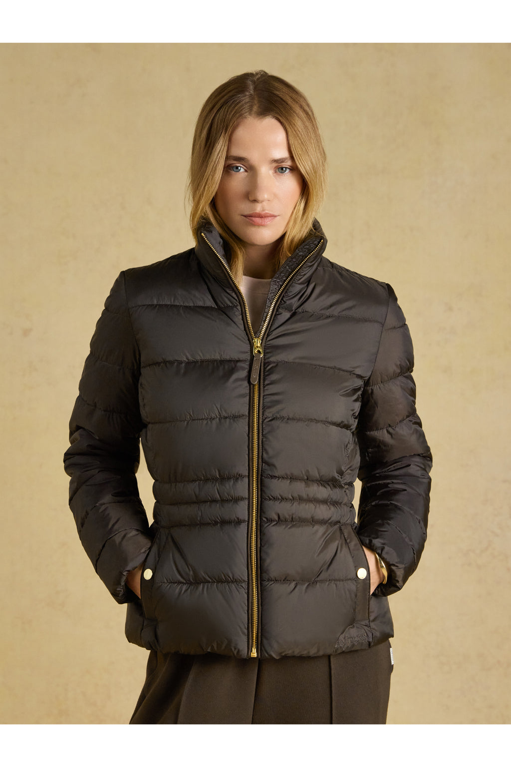 Model wearing Joules Paddock Brown Coat. Joules. Shop Joules at Dotique