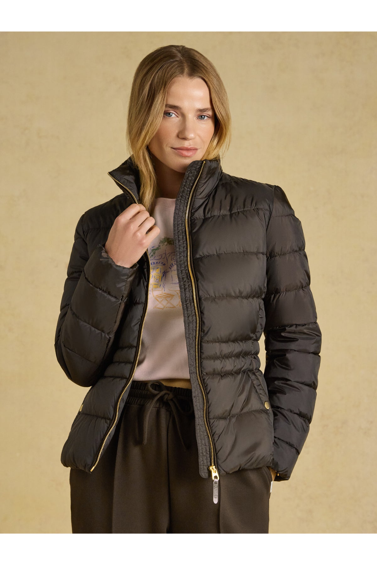 Model wearing Joules Paddock Brown Coat by Joules. Shop Joules at Dotique