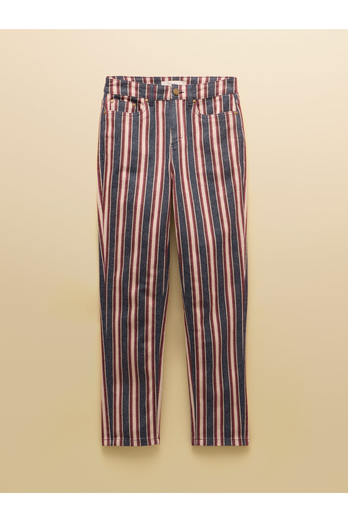 Joules Navy Verigated Stripe Slim Straight Mid Rise Jeans in navy striped denim. Shop Joules at Dotique