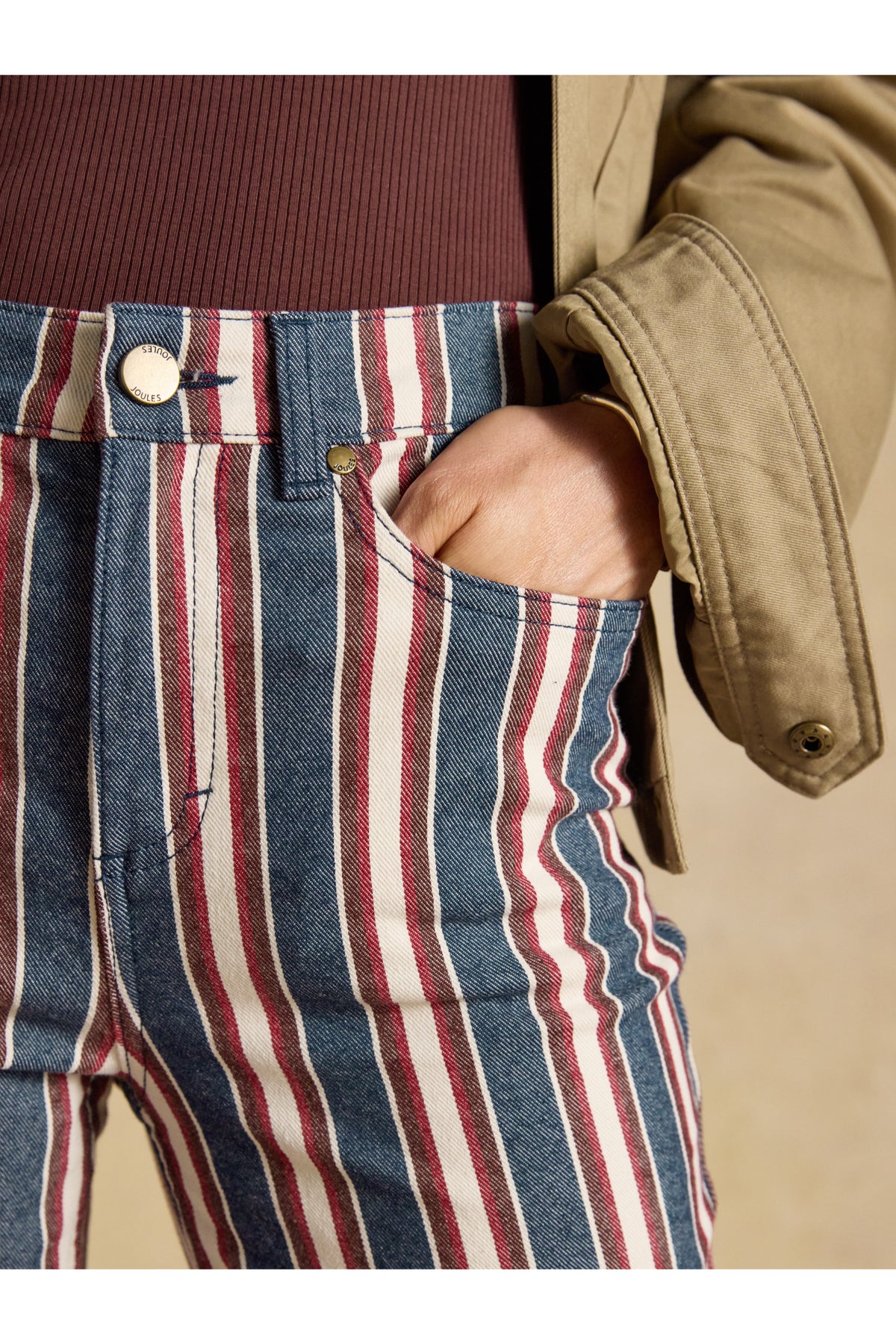 Joules Navy Verigated Stripe Slim Straight Mid Rise Jeans in striped denim. Shop Joules at Dotique