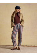 Joules Navy Verigated Stripe Slim Straight Mid Rise Jeans worn by a model. Shop Joules at Dotique