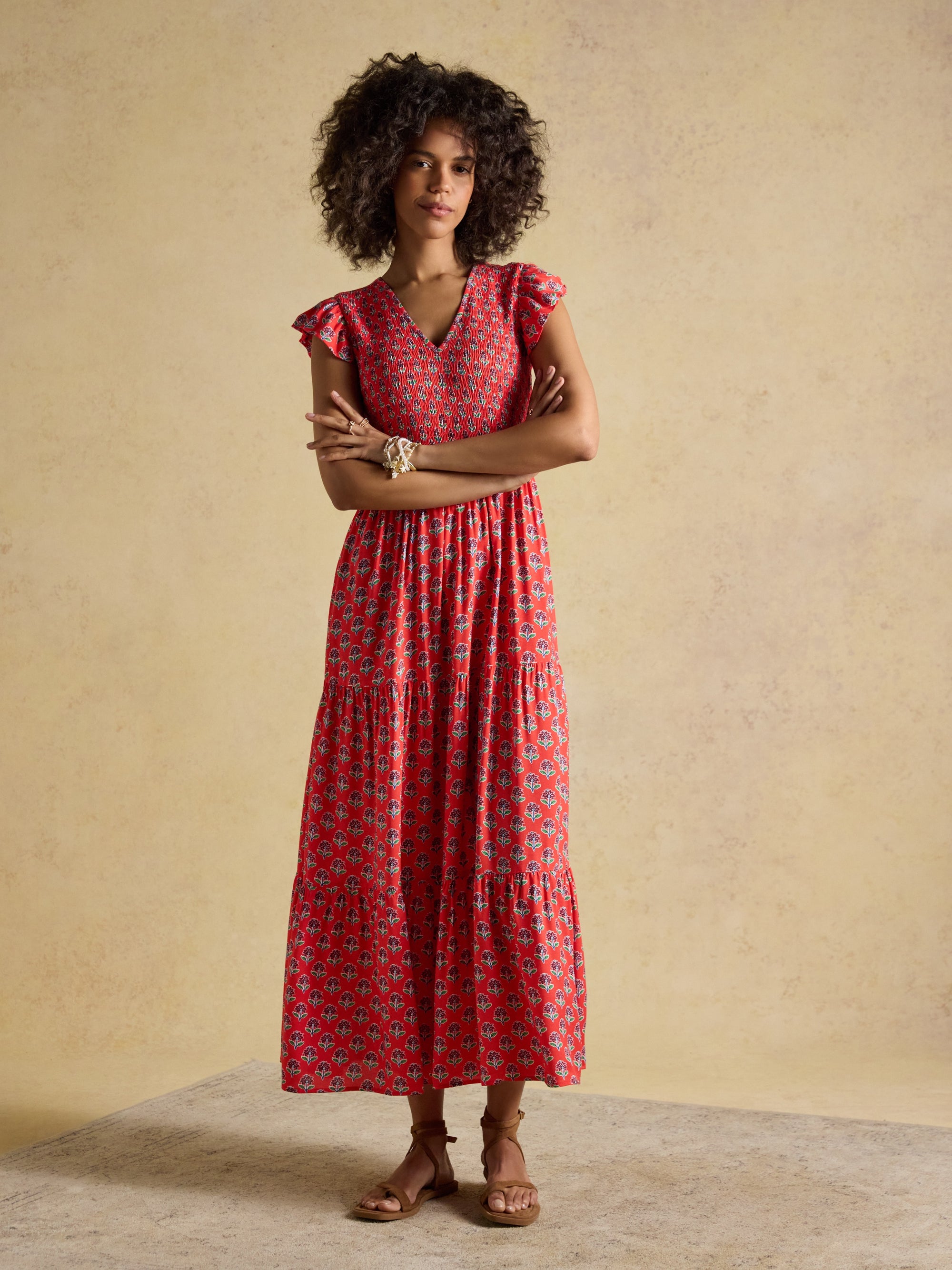 Joules W70259 Esme Shirred Midi Dress Cayenne