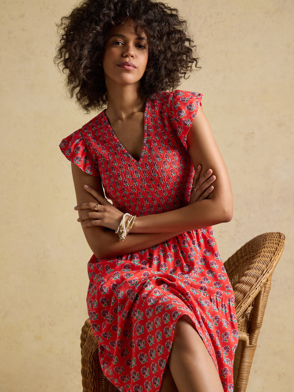 Joules W70259 Esme Shirred Midi Dress Cayenne