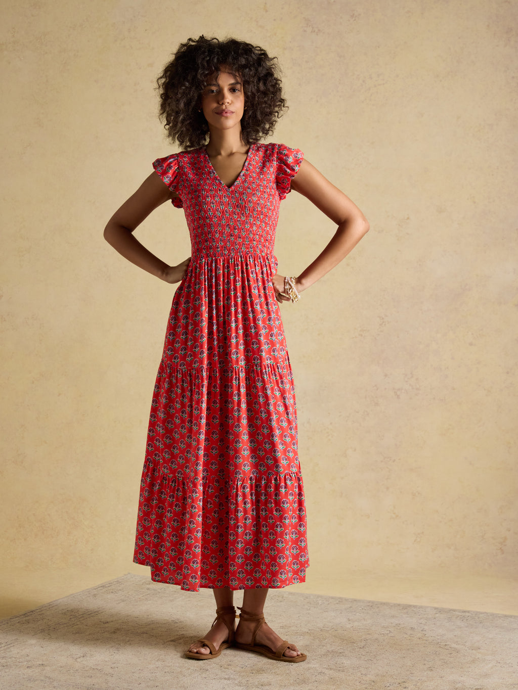 Joules W70259 Esme Shirred Midi Dress Cayenne
