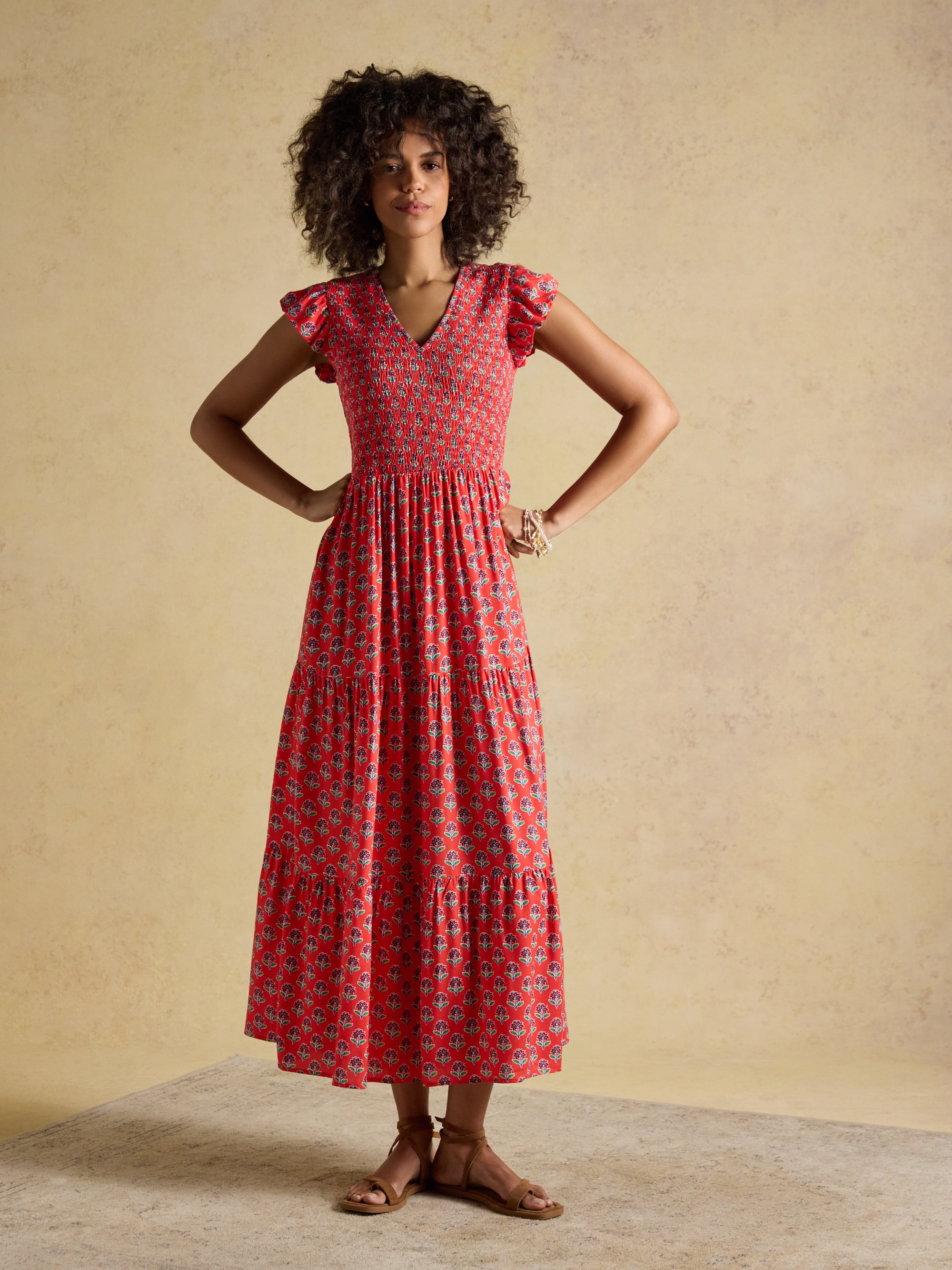 Joules W70259 Esme Shirred Midi Dress Cayenne