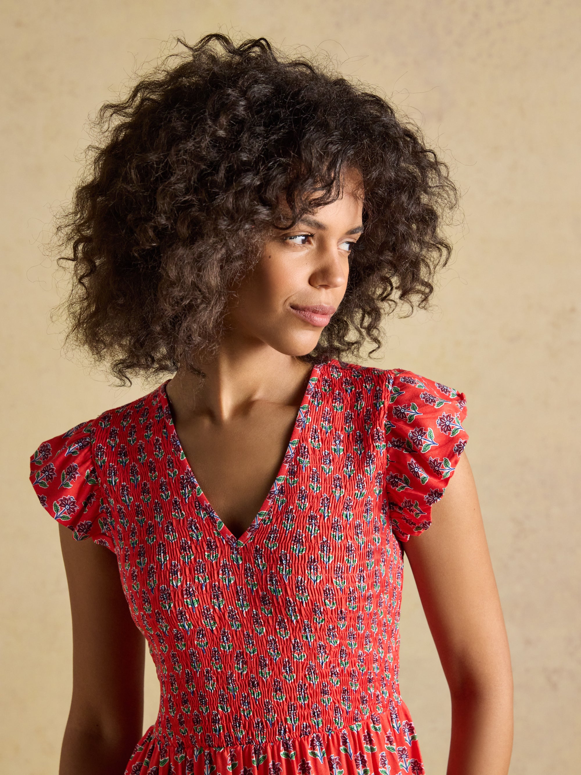 Joules W70259 Esme Shirred Midi Dress Cayenne