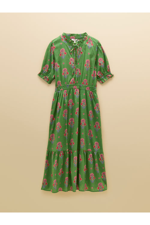 Joules W70263 Larissa Green Pink Midi Dress with gathered waist and short puff sleeves featuring a vibrant floral pattern by Joules. Shop Joules at Dotique.