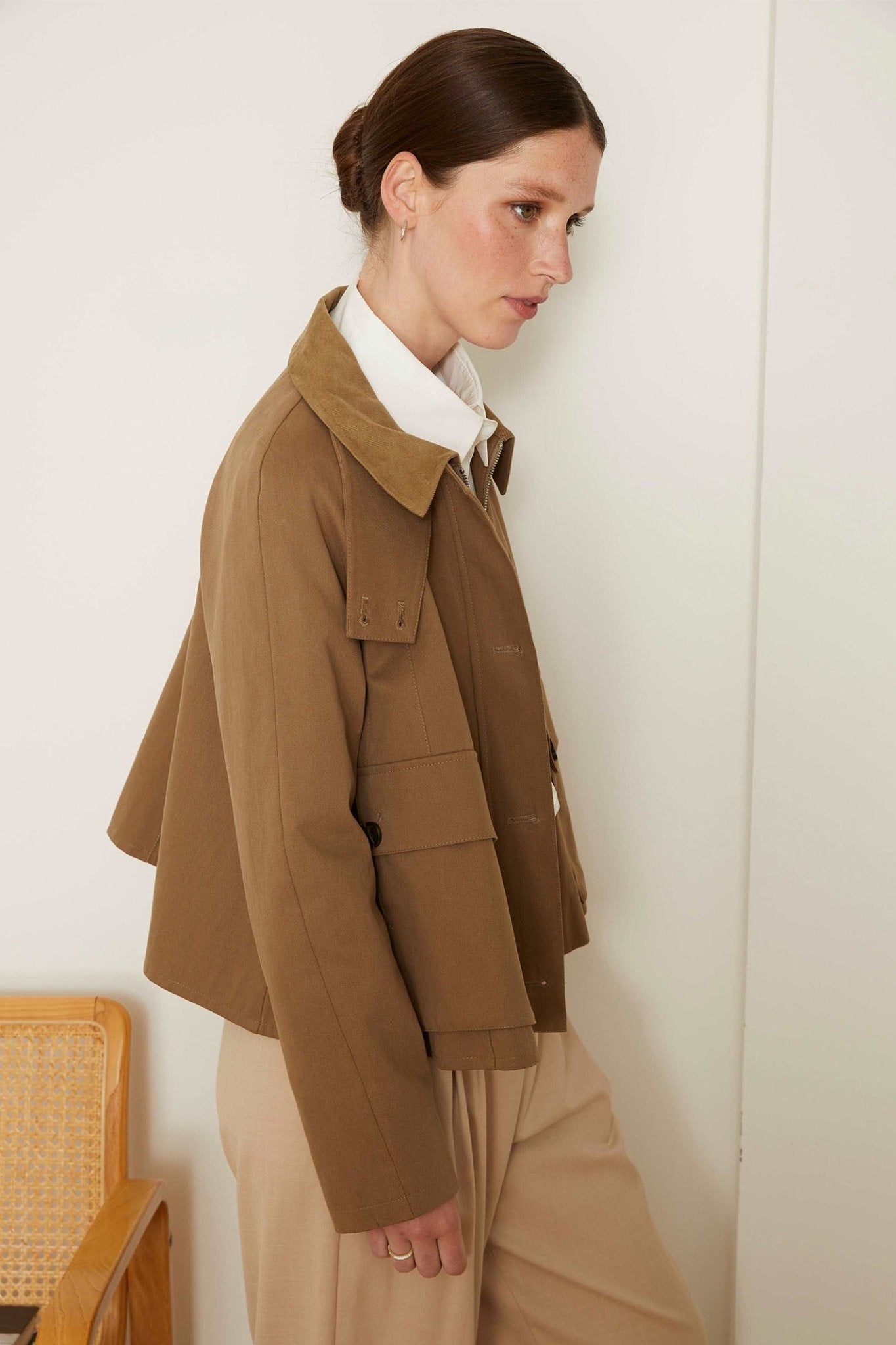 Jovonna Bessa Khaki Green Zip & Button Front Flared Jacket - Dotique