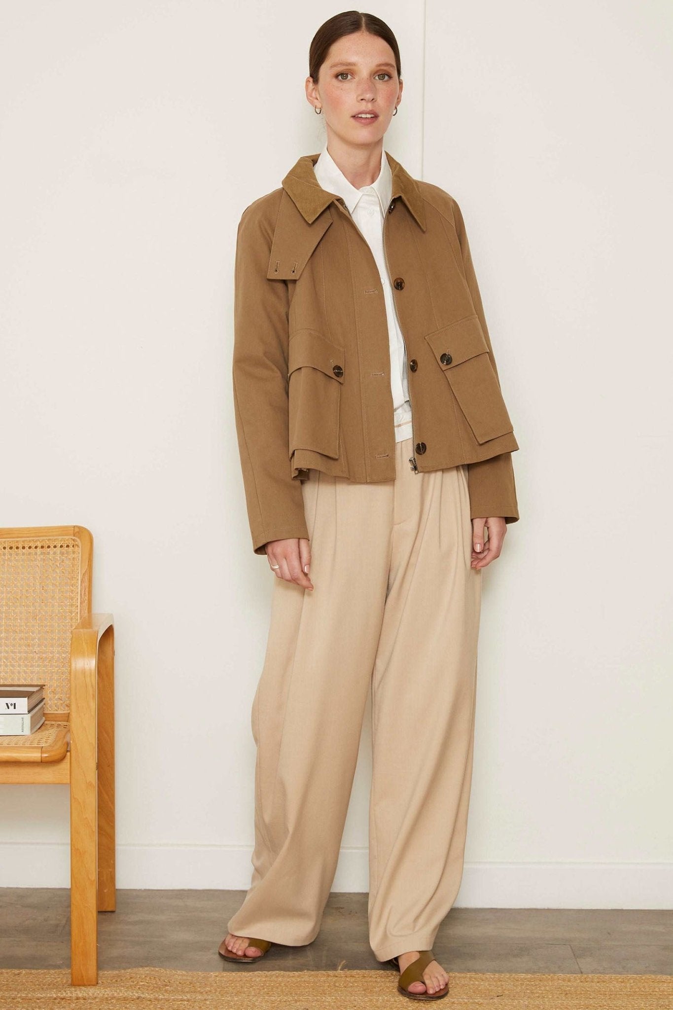 Jovonna Bessa Khaki Green Zip & Button Front Flared Jacket - Dotique